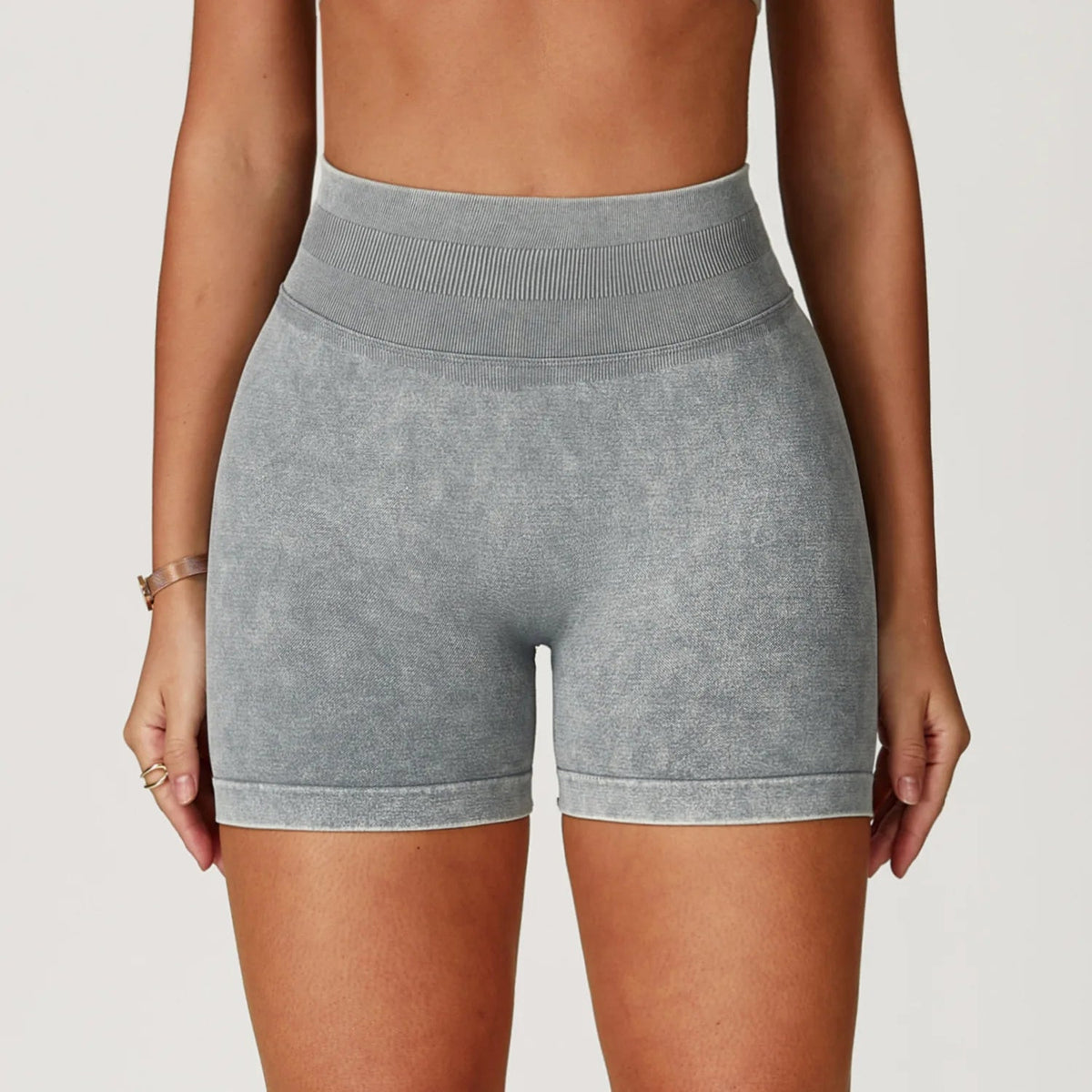 High waist yoga bicycle shorts for women by The Clothing Company Sydney, sand-washed fitness shorts for gym, running, and yoga.