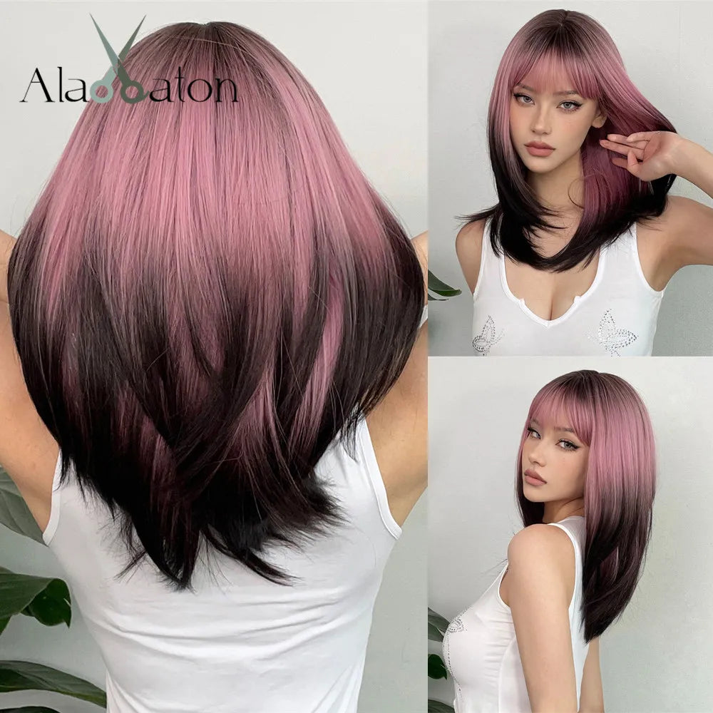 Long layered black and pink ombre synthetic wig for women, straight style with mixed colors, ideal for cosplay accessories.