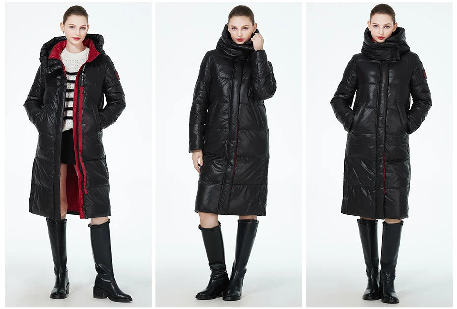 Women’s long hooded winter parka by The Clothing Company Sydney, thick quilted puffer jacket with front pockets, warm and stylish.