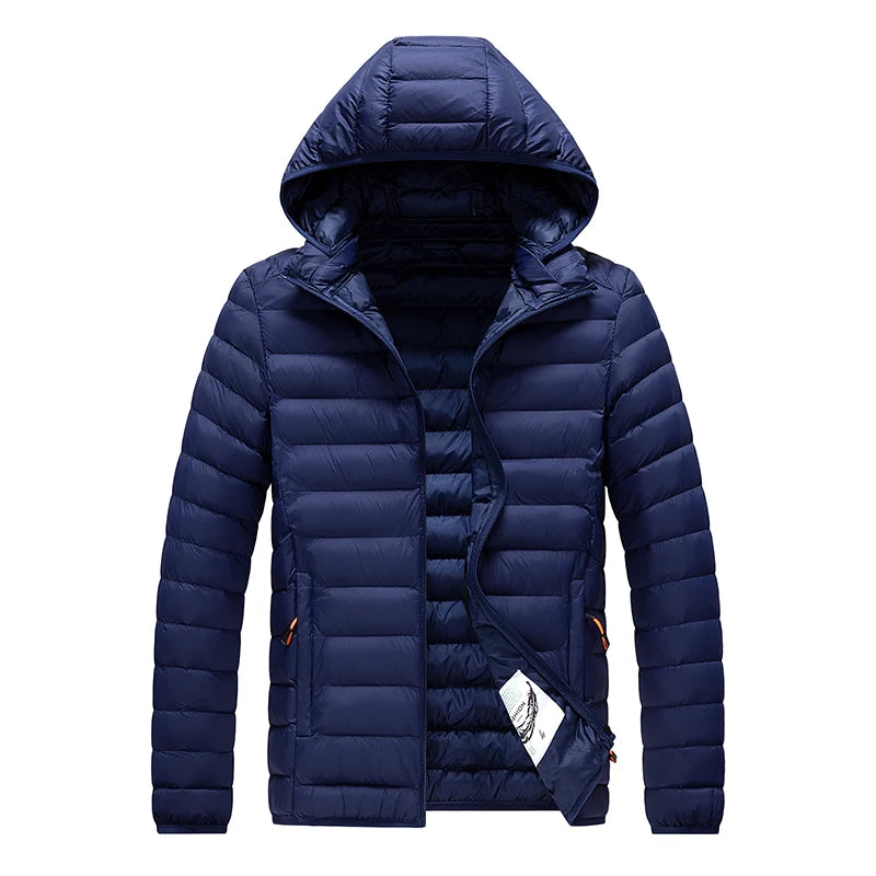 Men's hooded casual puffer down jacket by The Clothing Company Sydney, featuring a quilted design and front zipper closure.
