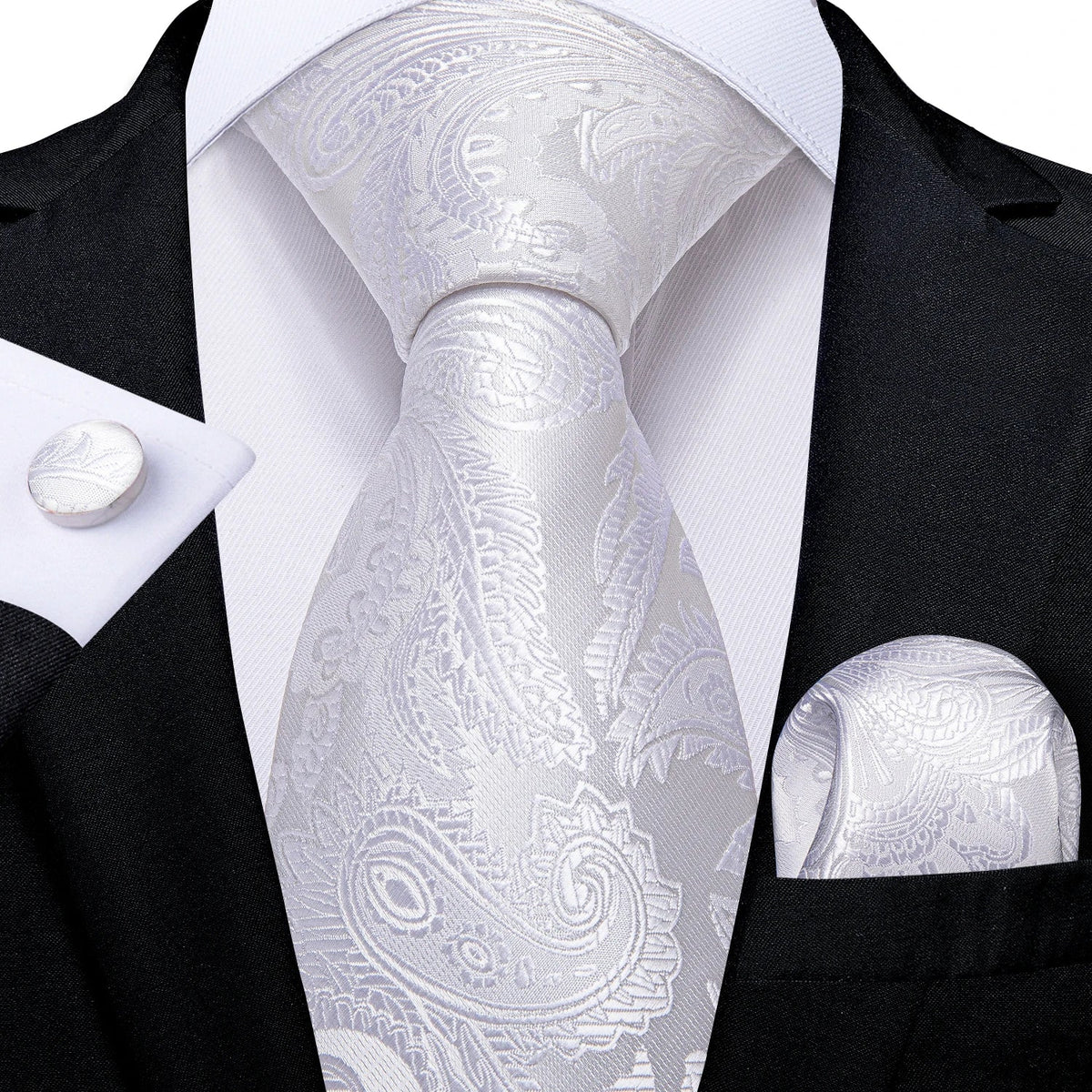 Men's gray paisley silk tie set with pocket square and cufflinks, perfect for wedding attire, by The Clothing Company Sydney.
