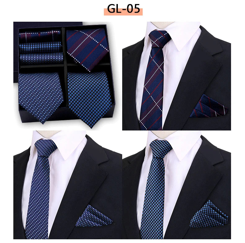 Luxury men's tie set with paisley and striped necktie, matching handkerchief in gift box by The Clothing Company Sydney.