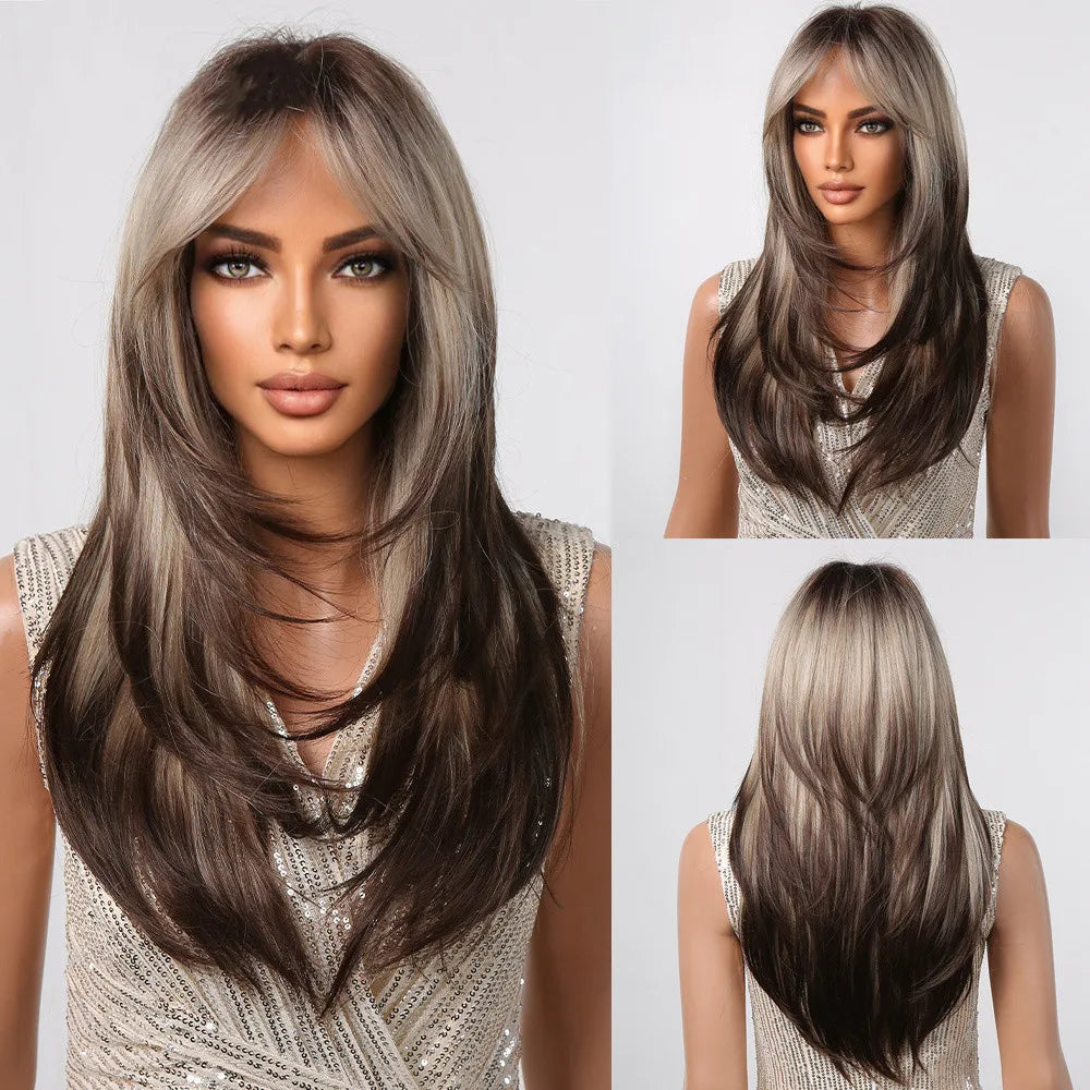 Long layered straight synthetic wig in black and pink ombre colors, suitable for cosplay and stylish accessories.