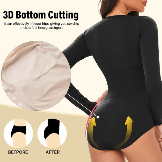 Spandex Elastic Body Suit Shapewear Women Body Shaper Long Sleeve Round Neck Seamless Shapers - The Clothing Company Sydney