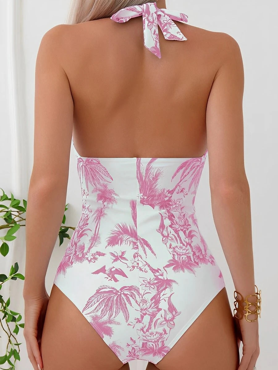 Ruched halter one-piece swimsuit from The Clothing Company Sydney, stylish beachwear with secure fit and flattering design.