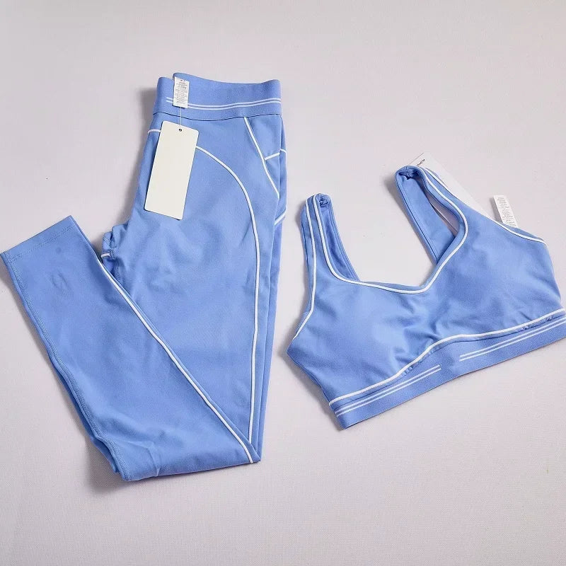 Women's 2-piece striped yoga set with leggings and breathable crop top for workouts, gym, running, and casual wear