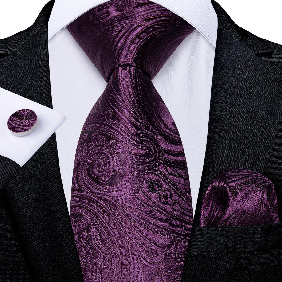 Luxury purple paisley silk tie set for men by The Clothing Company Sydney, featuring an 8cm tie and matching accessories.