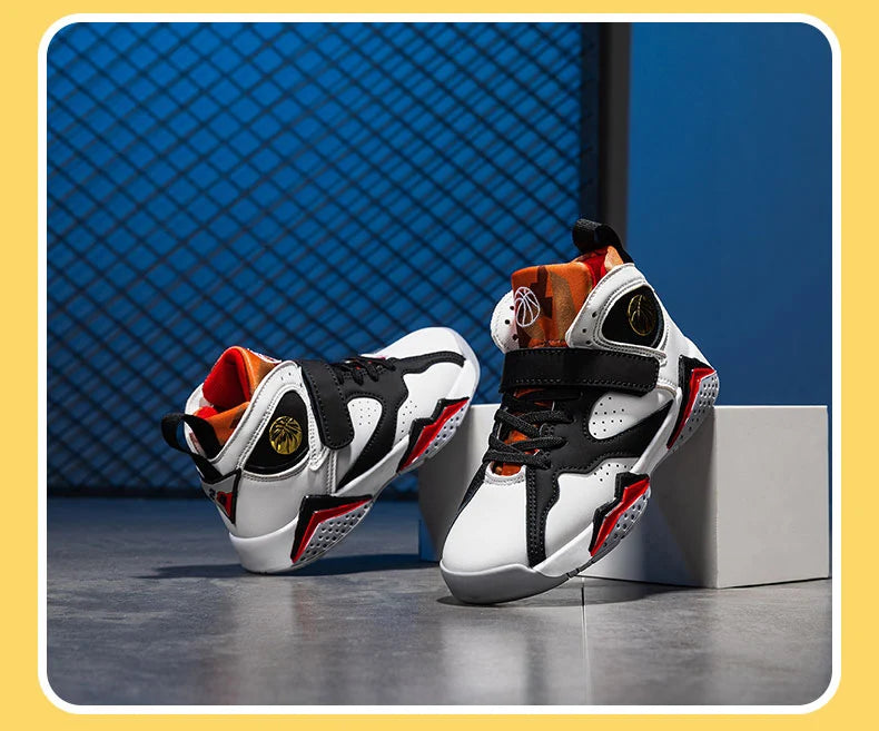 Kids boys’ basketball shoes by The Clothing Company Sydney, non-slip outdoor sports sneakers with supportive design and vibrant colors.