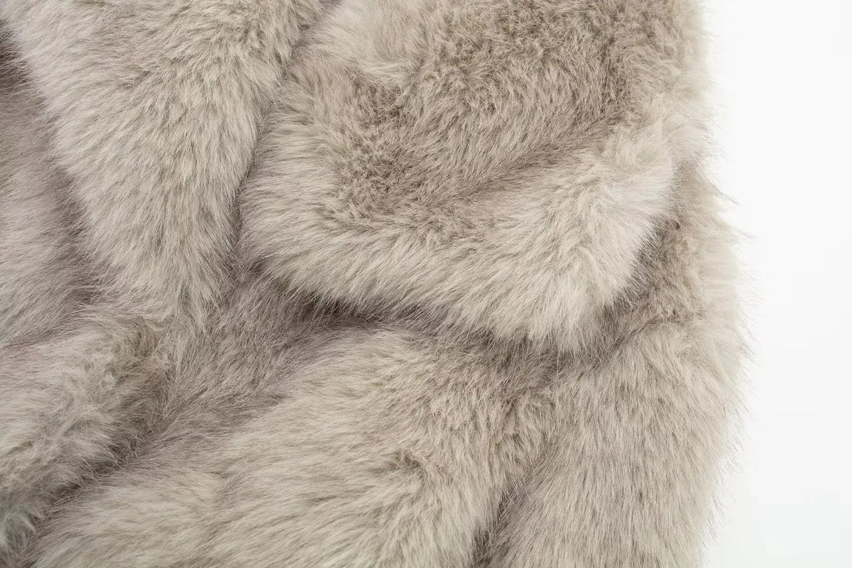 Women's faux fur cropped jacket by The Clothing Company Sydney, long sleeve coat with lapel collar and snap buttons, chic winter outerwear