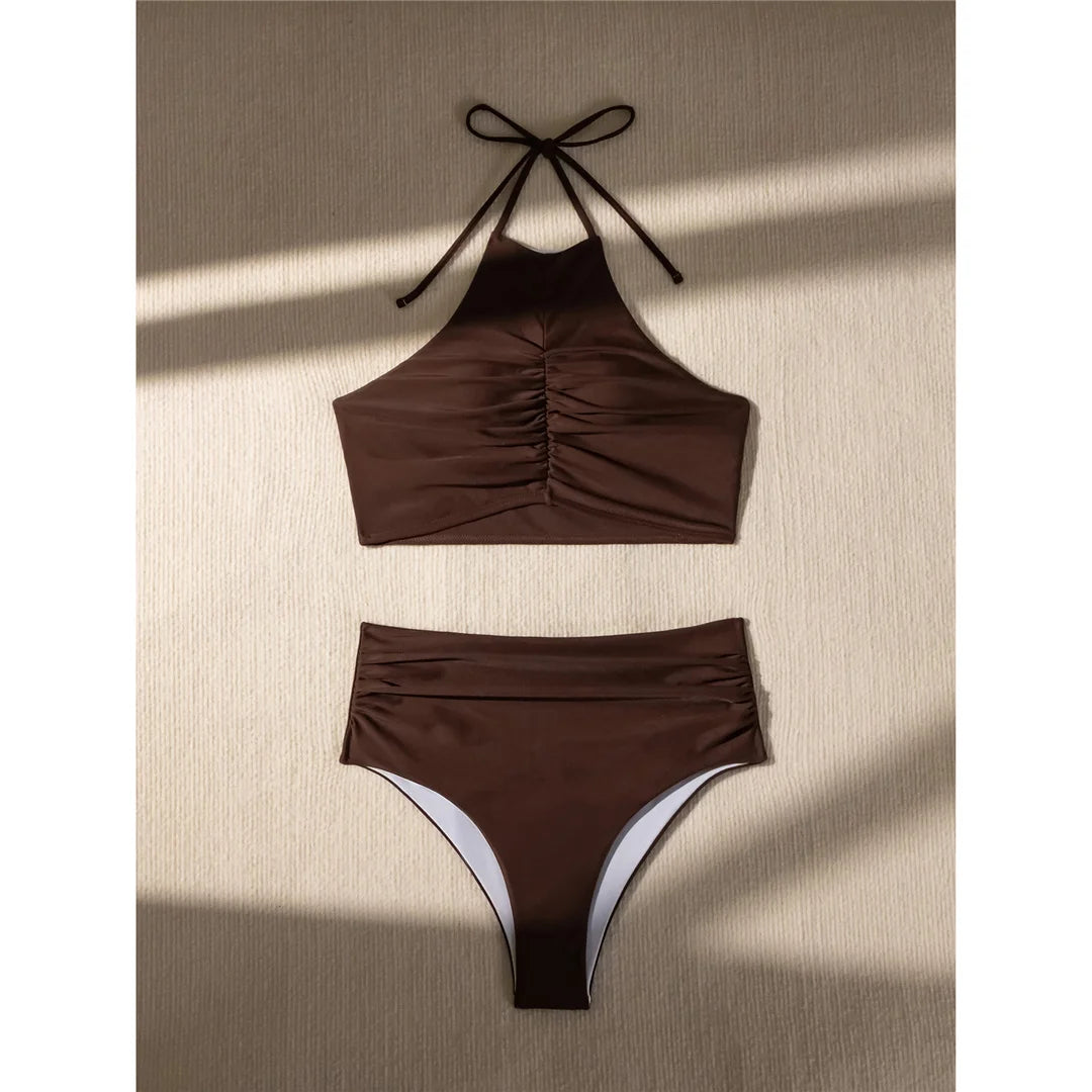 Halter high neck, wrinkled high waist bikini set for women, stylish two-piece swimwear from The Clothing Company Sydney.