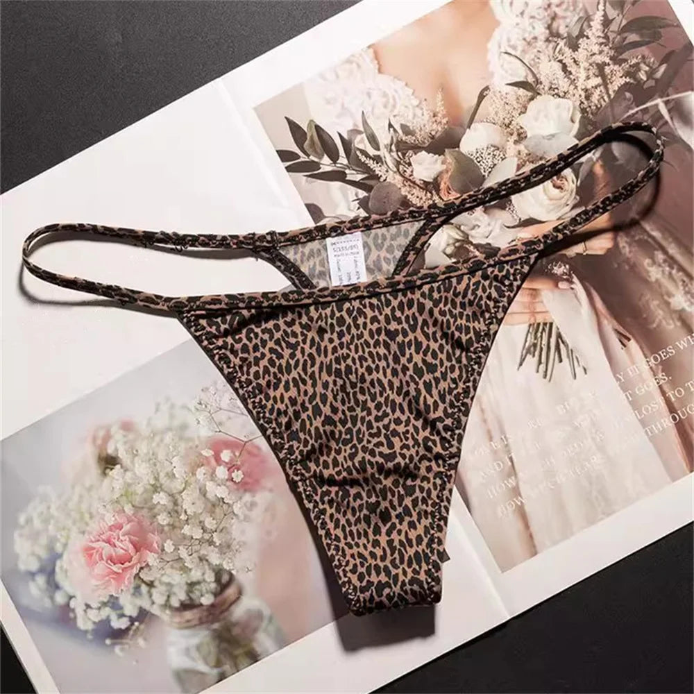 Leopard print high slit thong underwear from The Clothing Company Sydney, seamless ice silk plus size G-string for fitness and comfort.