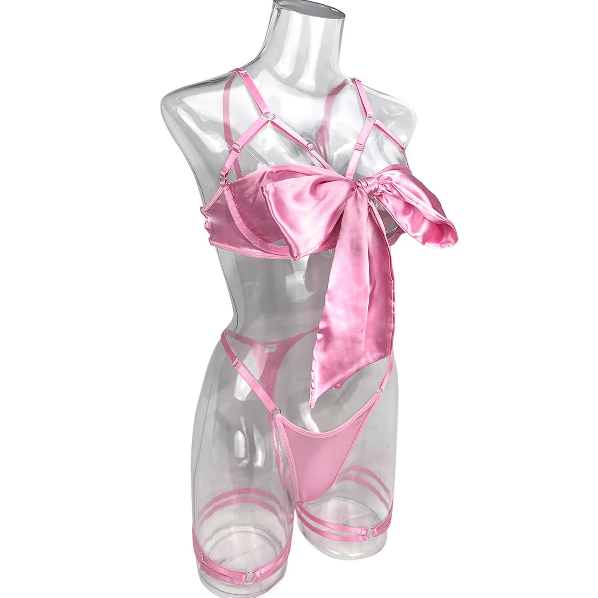 Bowknot Lingerie Open Bra Lace Up Underwear 3-Piece Satin Outfit Set The Clothing Company Sydney