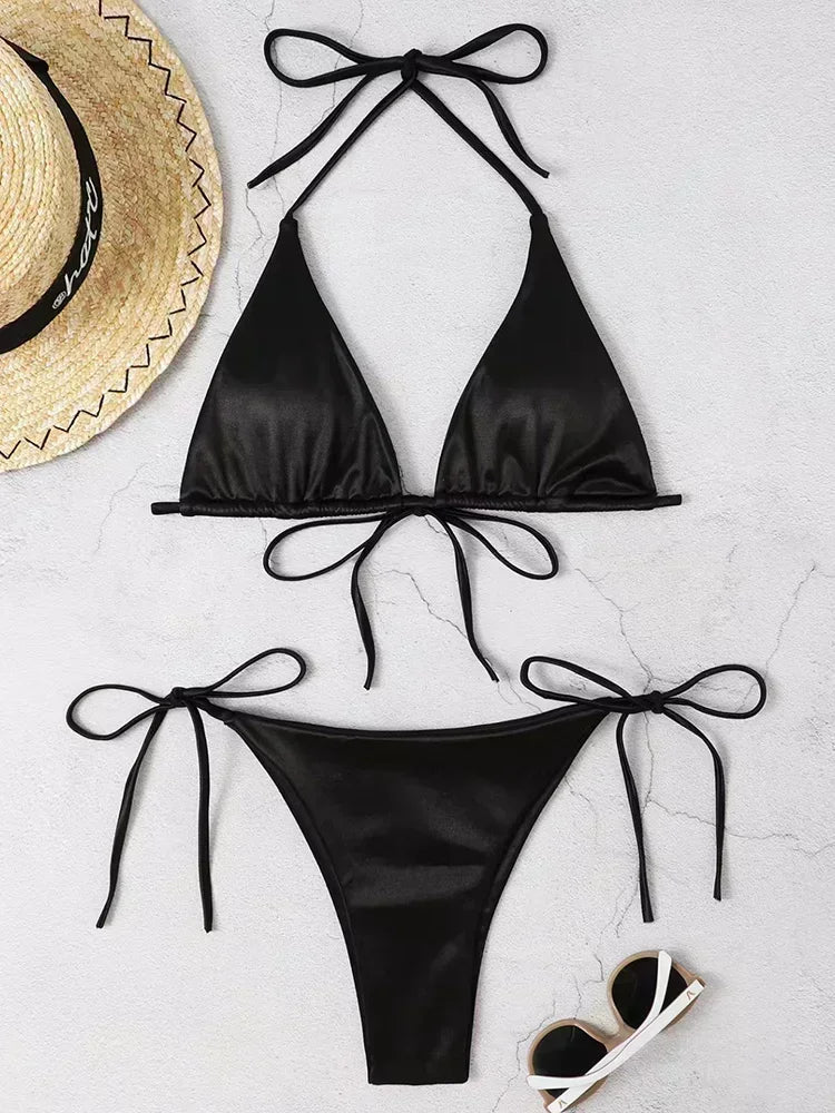 Two-piece Brazilian satin bikini set with halter top and high-cut bottoms, featuring metallic finish, perfect for beachwear and swimming.
