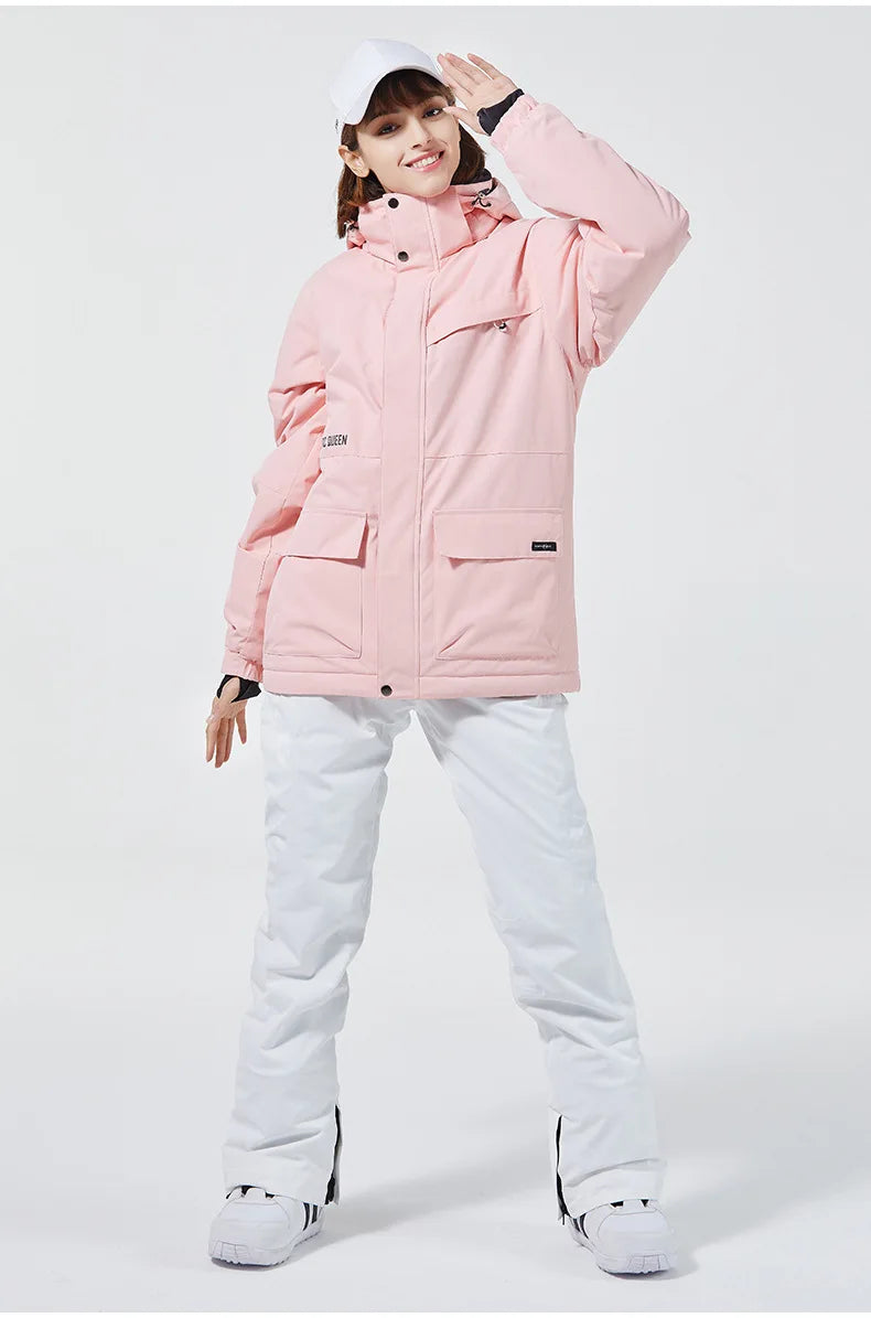 Women's waterproof and windproof ski suit set with jacket and snow overalls by The Clothing Company Sydney, ideal for snowboarding.