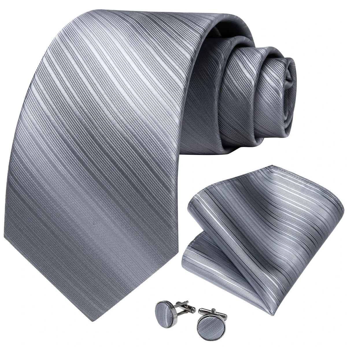 Men's gray paisley silk tie set featuring a wedding tie, matching pocket square, and cufflinks with intricate paisley pattern.
