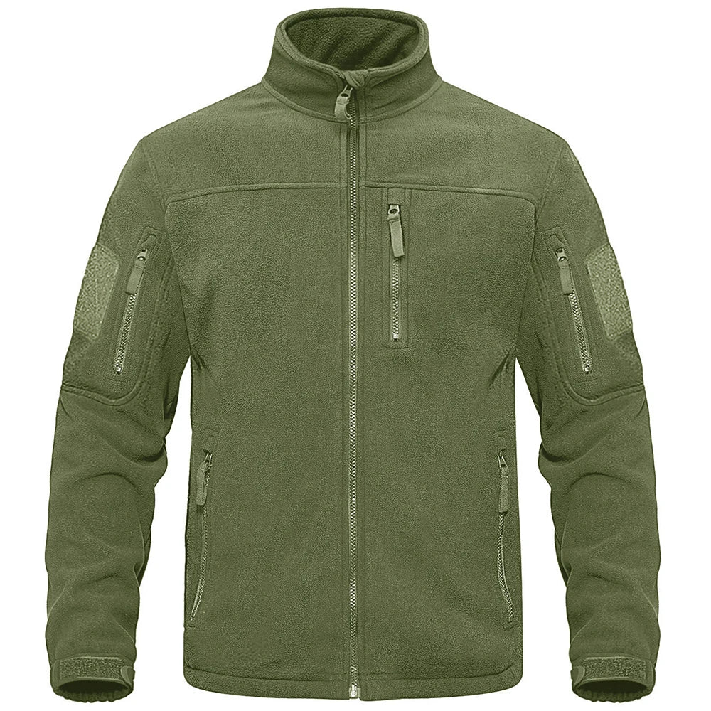 Men's green tactical fleece jacket by The Clothing Company Sydney with full zip, warm thermal lining, multiple pockets, and windbreaker features.