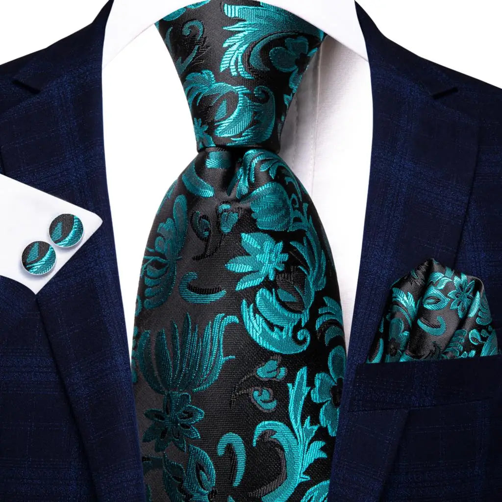 Green paisley silk tie set for men including necktie, pocket square, and cufflinks from The Clothing Company Sydney accessories.