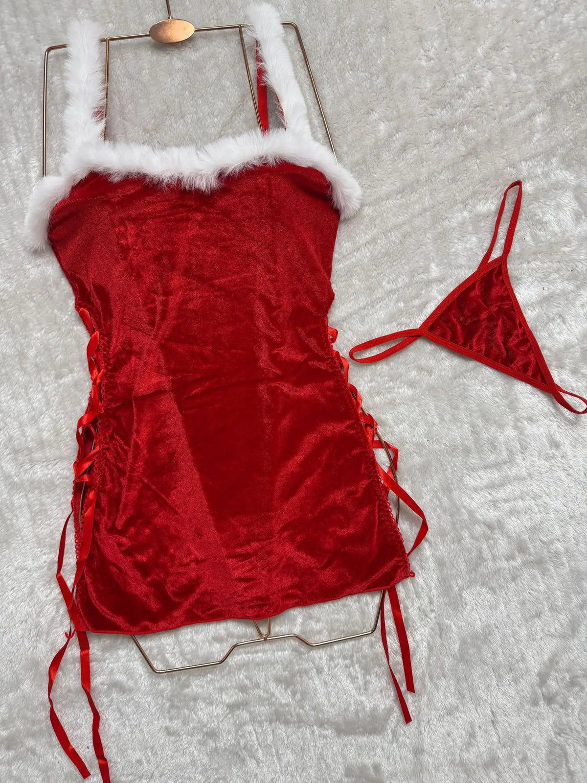 Red fluffy velvet women's Christmas dress and thong 2-piece set with sparkling details, split strap design, perfect for holiday parties.