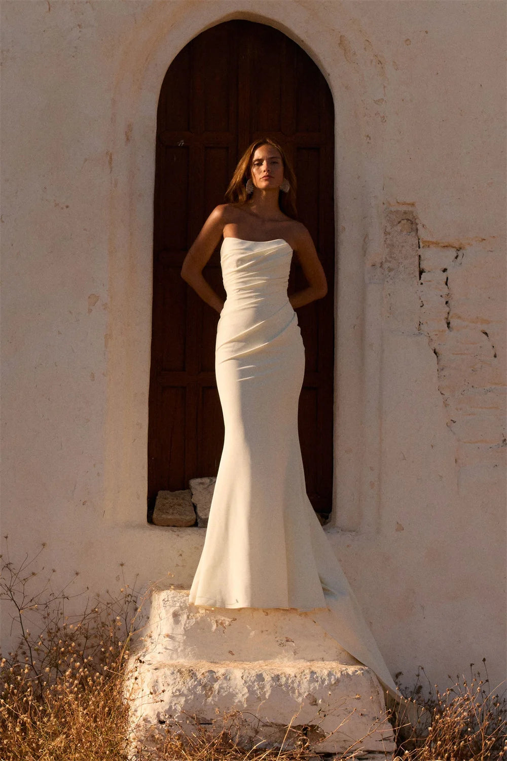 White Strapless Mermaid Long Train Simple Pleated Sleeveless Button Back Customized Formal Wedding Dress The Clothing Company Sydney