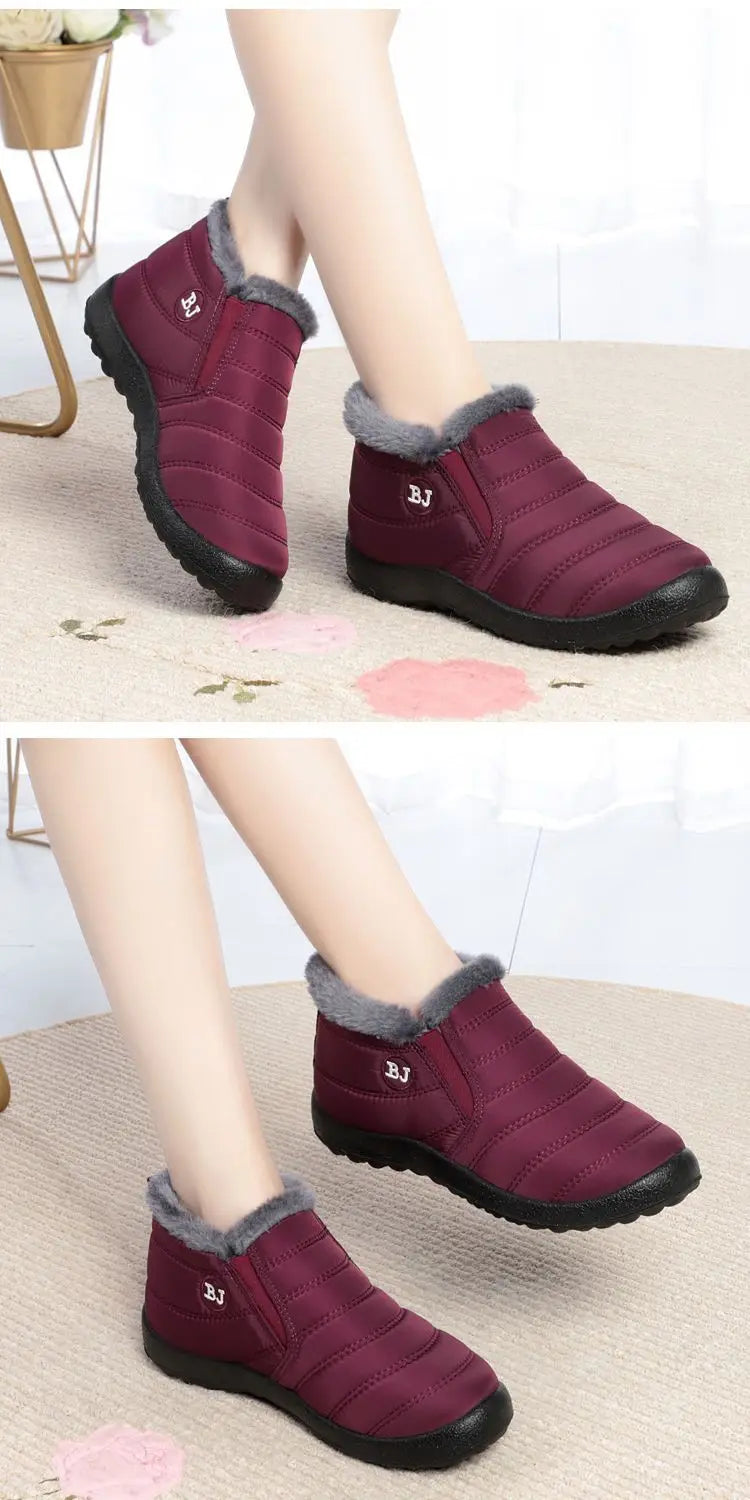 Women’s waterproof fur snow boots by The Clothing Company Sydney, slip-on ankle footwear with cozy fur lining.