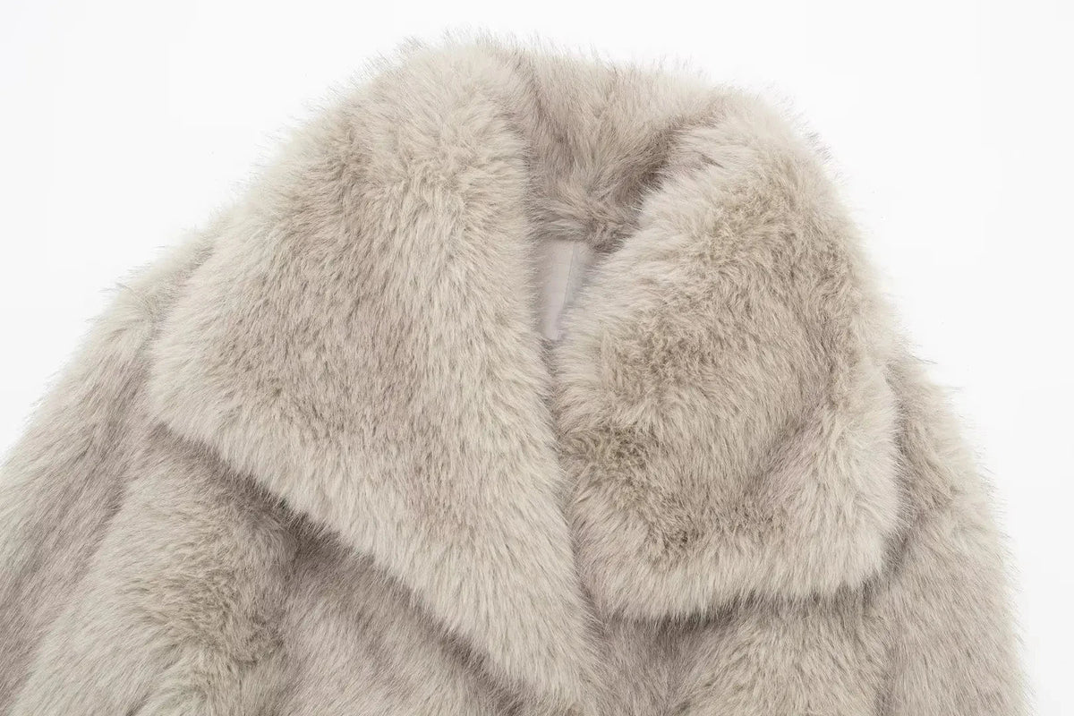 Women's faux fur cropped jacket by The Clothing Company Sydney with long sleeves, snap buttons, chic lapel collar, and thick outerwear.