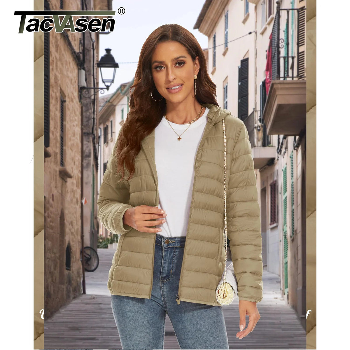 Women's warm puffer hooded jacket by The Clothing Company Sydney featuring full zip, quilted design, multiple pockets, waterproof winter coat