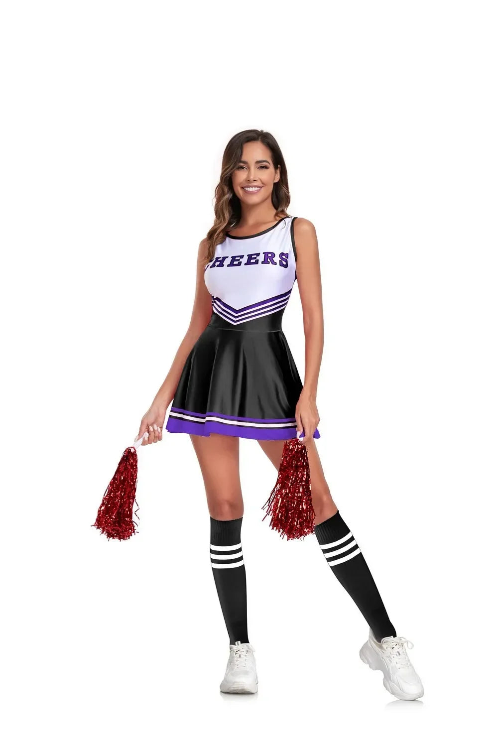 Cheerleader costume for women with sports uniform style, featuring a cheerleader top and skirt, perfect for Halloween or cosplay.