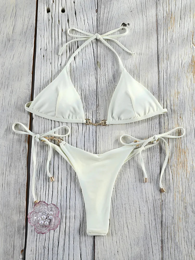 Two-piece push-up bikini set by The Clothing Company Sydney featuring a hollow-out design, low waist, and string swimwear style.