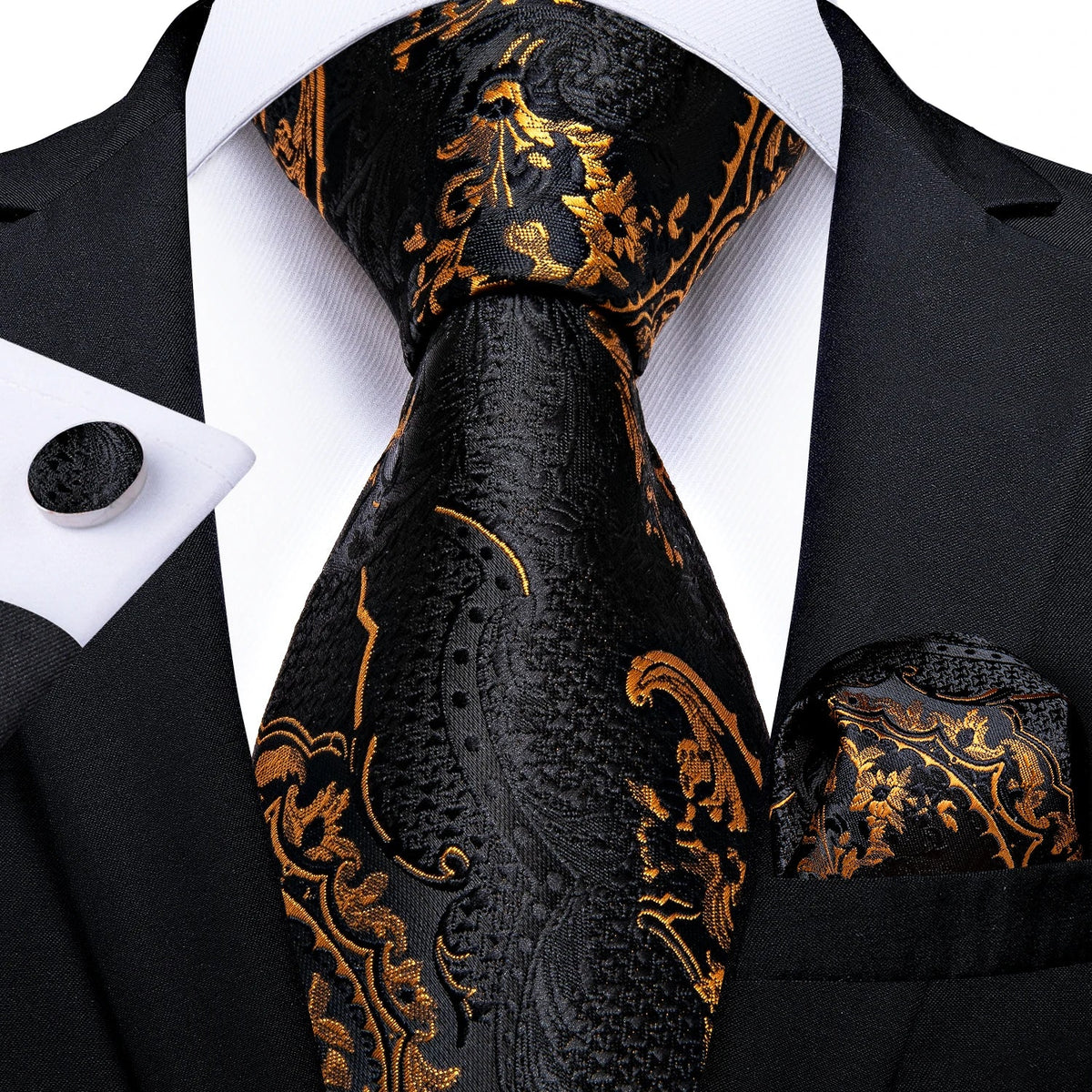 Luxury black and gold paisley silk tie set with matching pocket square and cufflinks, men's accessories by The Clothing Company Sydney.
