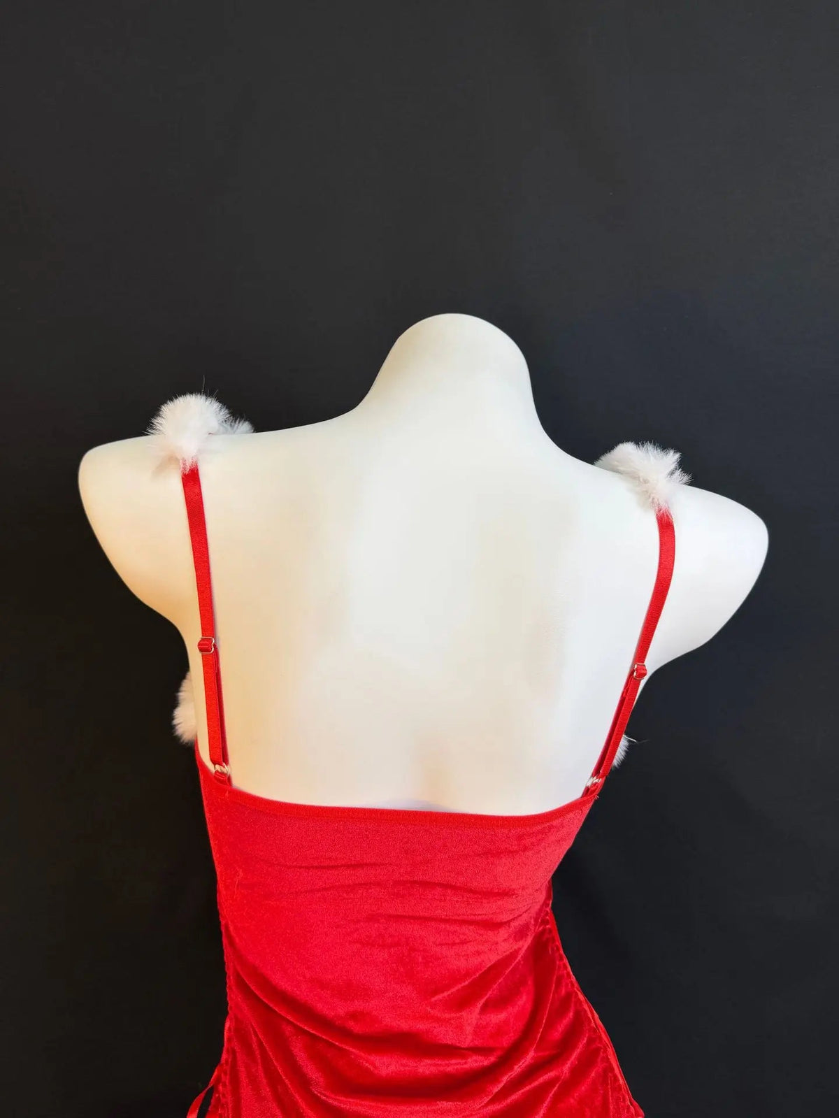 Women's Christmas dress set by The Clothing Company Sydney featuring a fluffy velvet red dress and thong, perfect for festive parties.