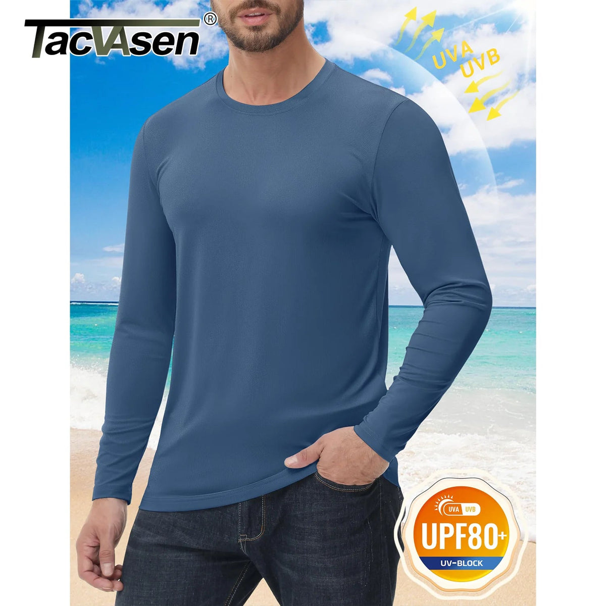 Men's UPF 80+ sun protection sports T-shirt by The Clothing Company Sydney, quick dry long sleeve athletic rash guard for fitness.