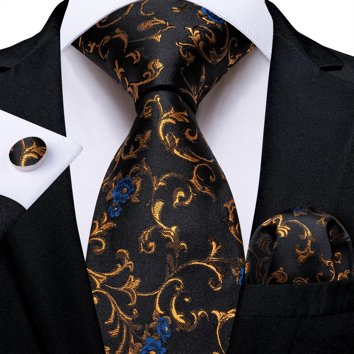 Luxury black and gold paisley silk tie set with matching pocket square and cufflinks, men's accessories by The Clothing Company Sydney