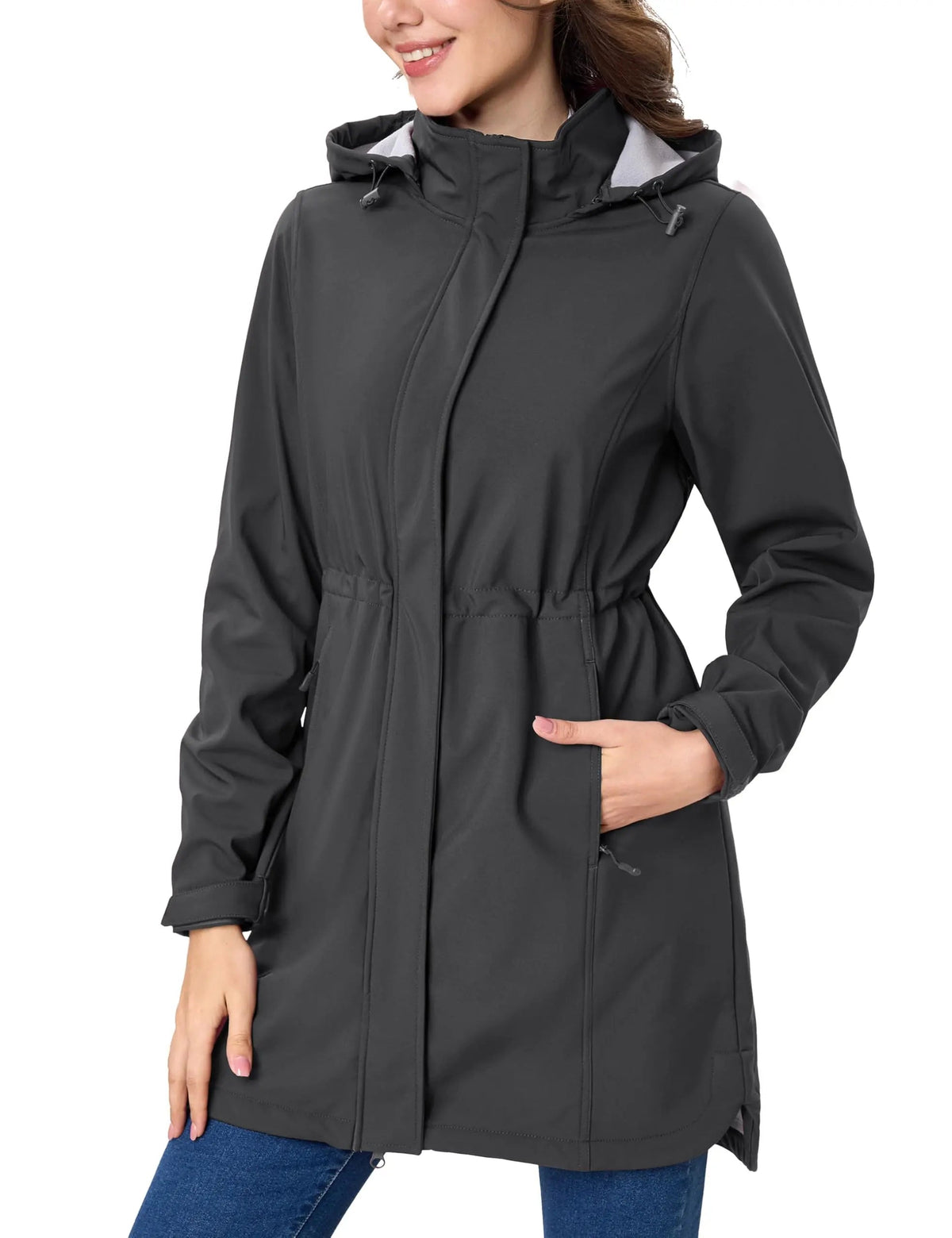 Women's long fleece-lined softshell winter jacket with hood, windproof raincoat, and outdoor windbreaker from The Clothing Company Sydney.