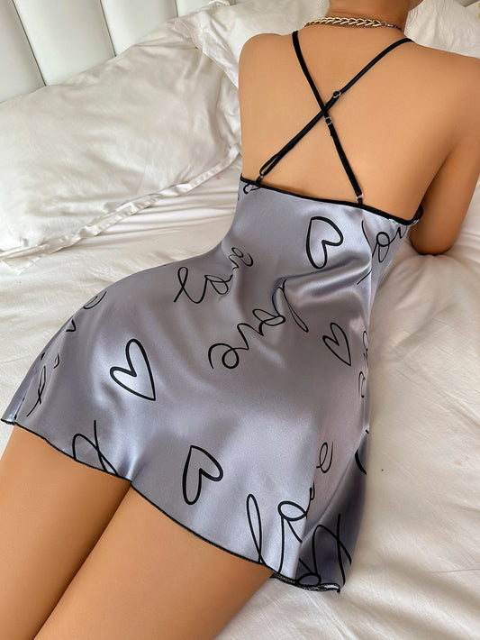 Heart Letter Print Nightdress Casual Round Neck Spaghetti Strap Sleep Women's Sleepwear Dress - The Clothing Company Sydney