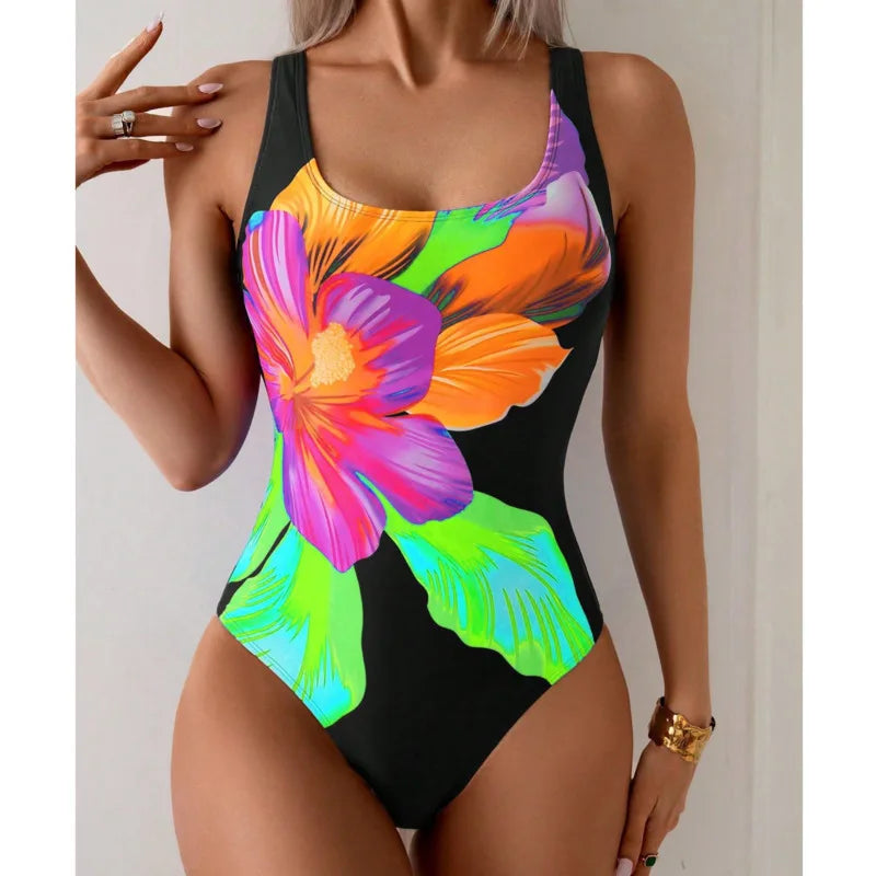 Summer print one-piece swimsuit for women by The Clothing Company Sydney, featuring a push-up design and vibrant beachwear style.