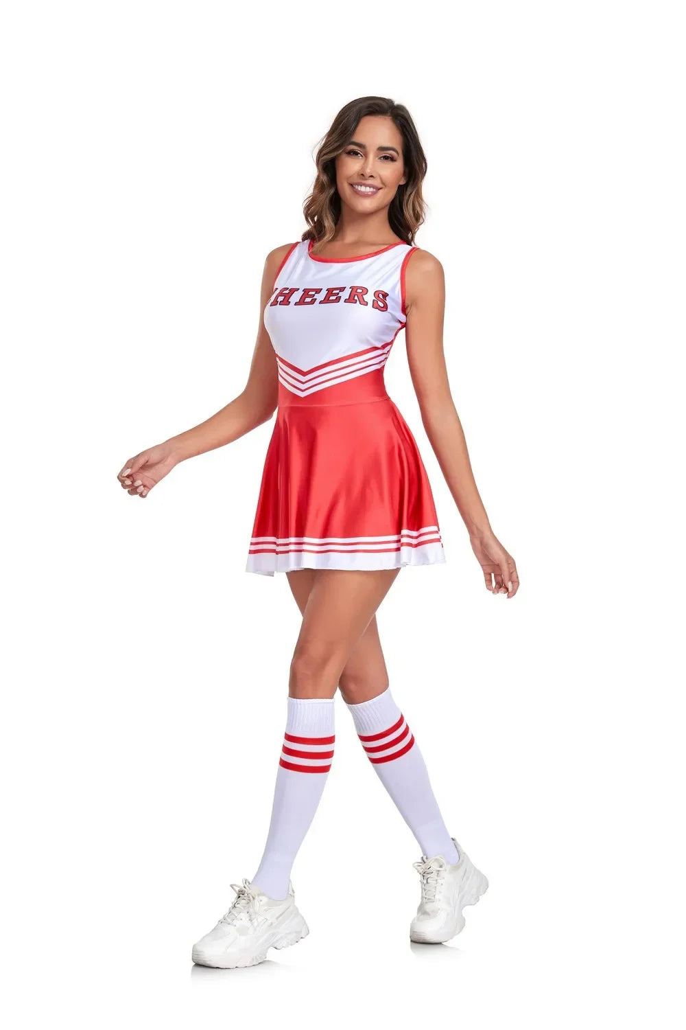 Cheerleader costume for women, includes sports uniform and accessories, perfect for Halloween, cosplay, or cheerleading events.