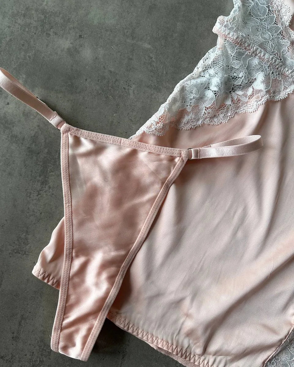 Deep-V neck satin lingerie slip dress with lace patchwork and split design, stylish nightwear for women by The Clothing Company Sydney.