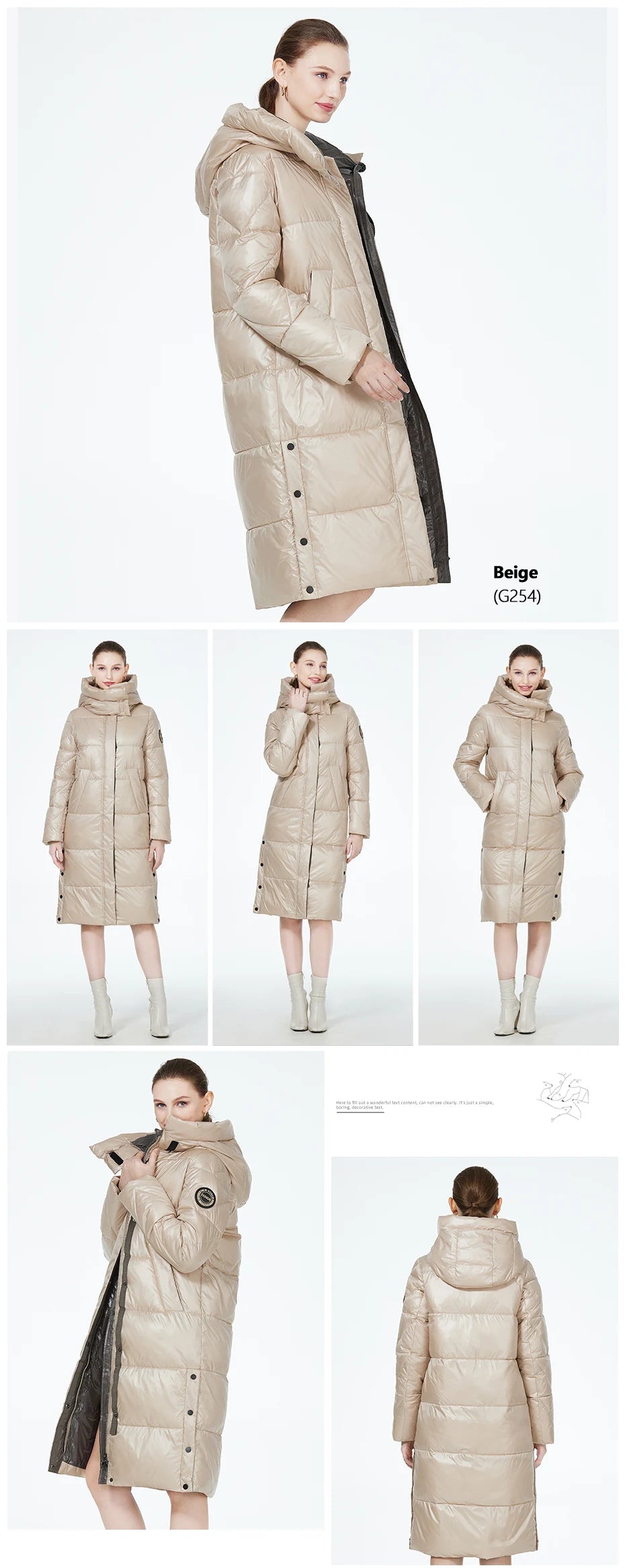 Women’s long hooded winter parka by The Clothing Company Sydney, thick quilted puffer jacket with pockets, suitable for cold weather.