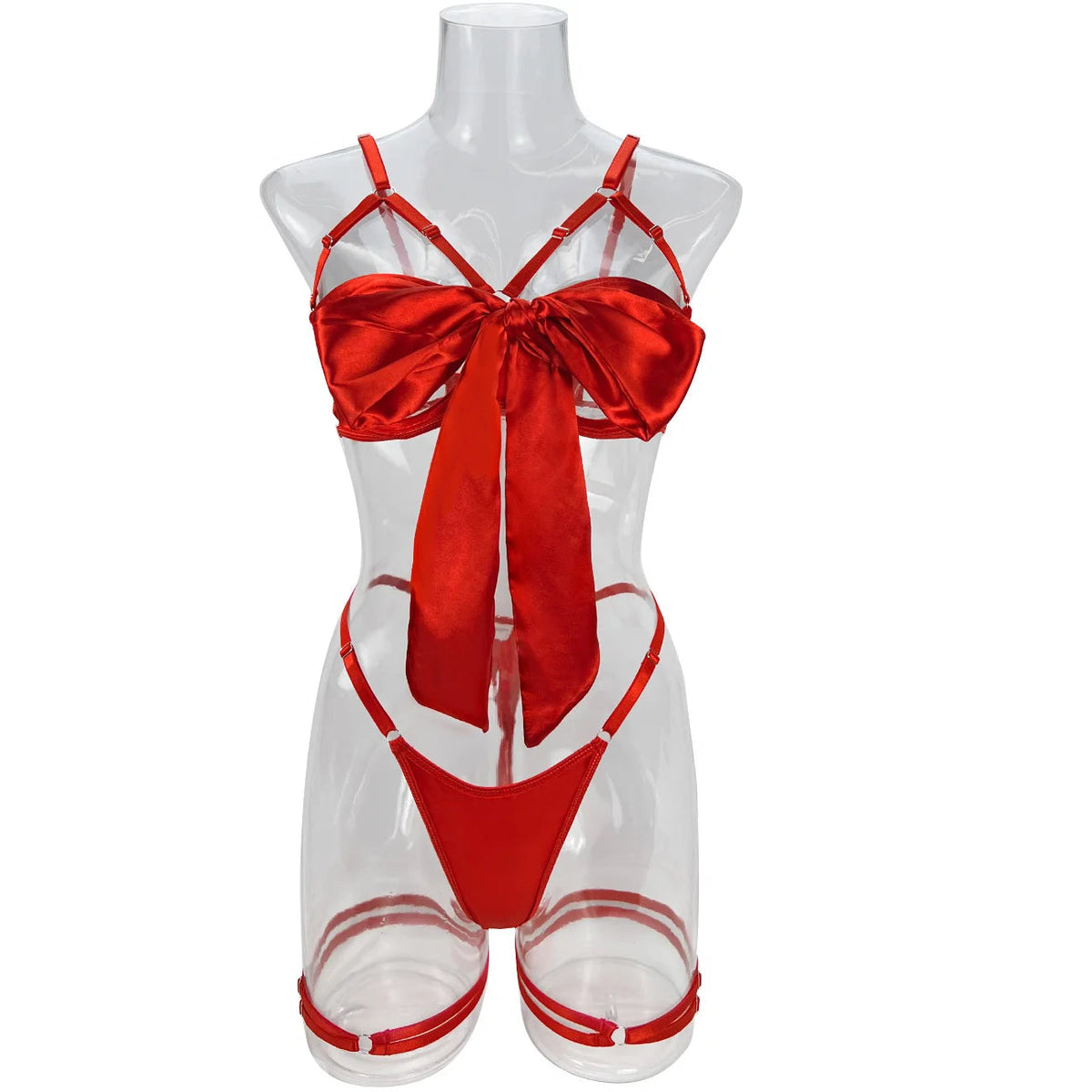 Bowknot Lingerie Open Bra Lace Up Underwear 3-Piece Satin Outfit Set The Clothing Company Sydney