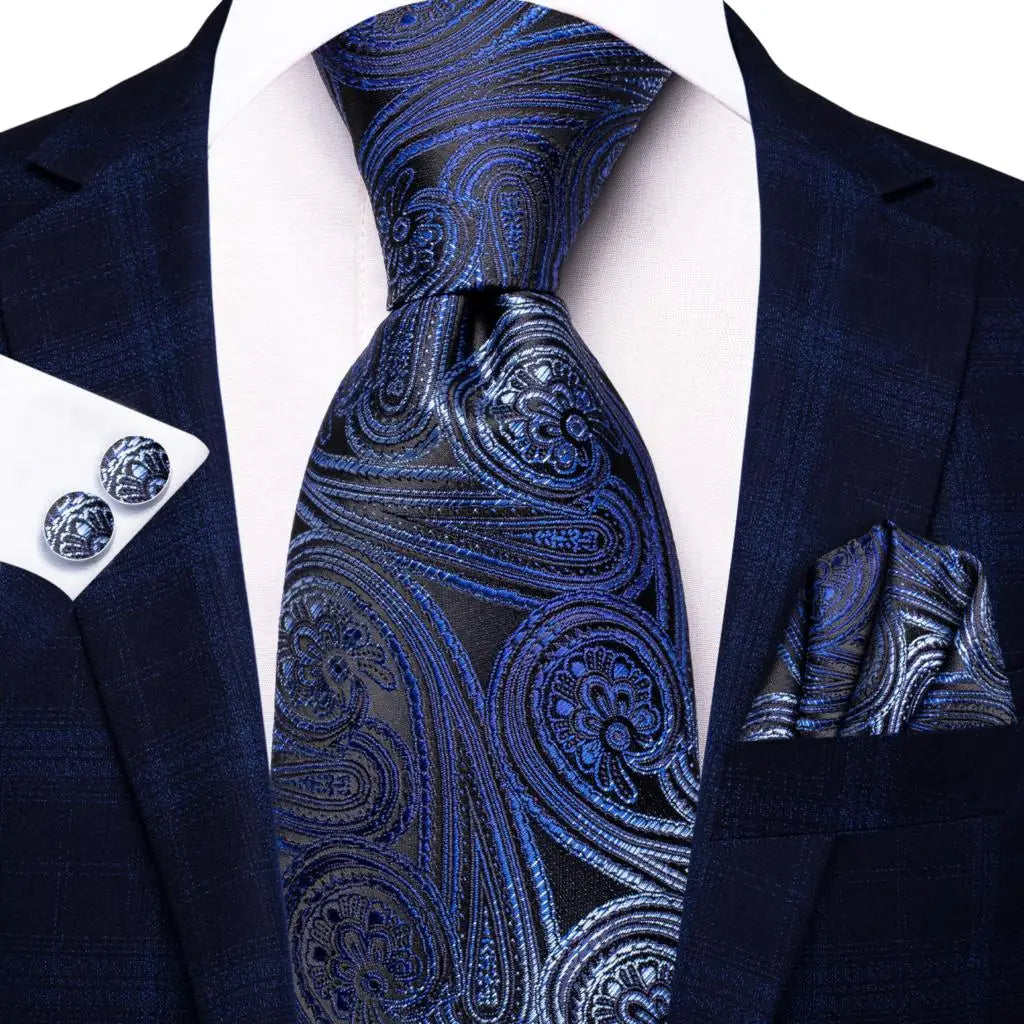 Blue paisley silk tie set with matching cufflinks and handkerchief, stylish men's accessories by The Clothing Company Sydney.