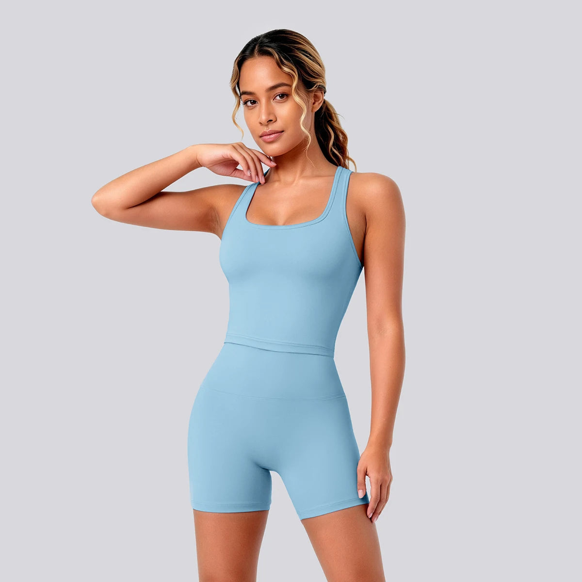 2 Piece Women's Breathable Workout Top I-shaped Vest Push Up Quick-Dry Summer Yoga Shorts Matching Set