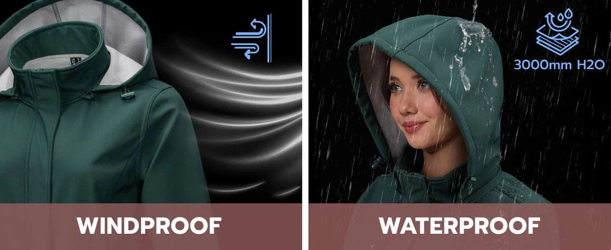 Women’s long fleece-lined softshell winter jacket with hood, windproof raincoat from The Clothing Company Sydney.