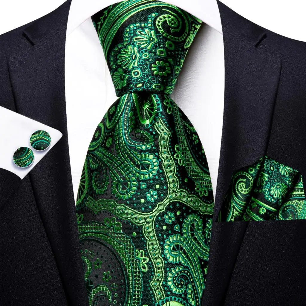 Green paisley silk tie set for men including necktie, pocket square, and cufflinks from The Clothing Company Sydney accessories collection.