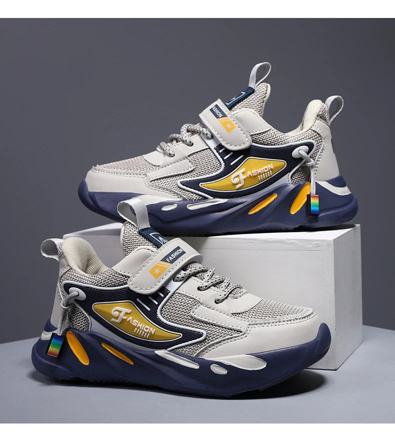 Kids' breathable mesh sneakers by The Clothing Company Sydney, lightweight sports shoes with non-slip sole and hook & loop closure.