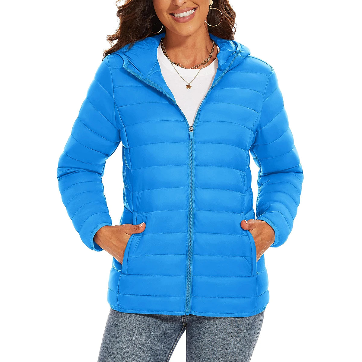 Warm women's puffer hooded jacket by The Clothing Company Sydney featuring full zip, quilted design, multiple pockets, waterproof, lightweight coat.