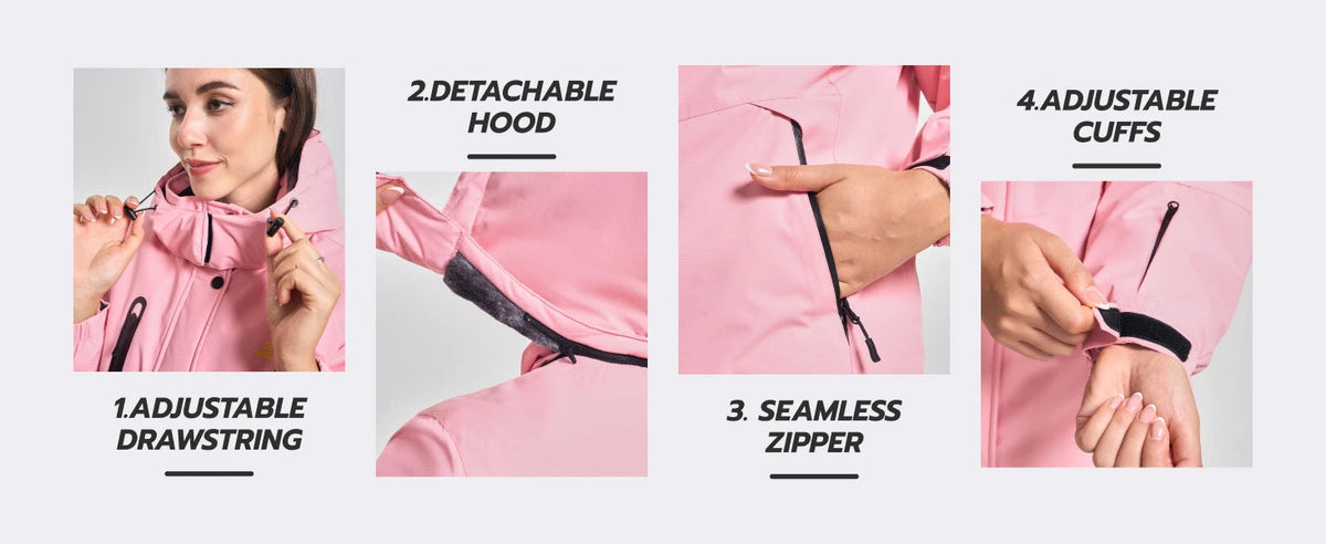 Women's waterproof ski jacket by The Clothing Company Sydney featuring warm fleece lining, snow-resistant hood, and windbreaker design.