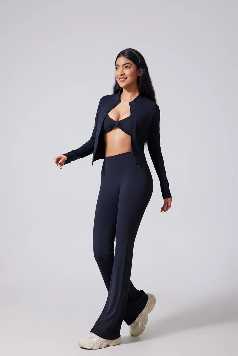 Women's high waisted flared yoga pants by The Clothing Company Sydney, featuring a micro flare and wide-leg design for fitness and casual wear.