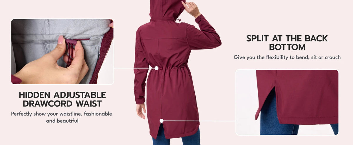Women's long fleece-lined softshell jacket by The Clothing Company Sydney, warm windproof raincoat with hood and outdoor windbreaker features.