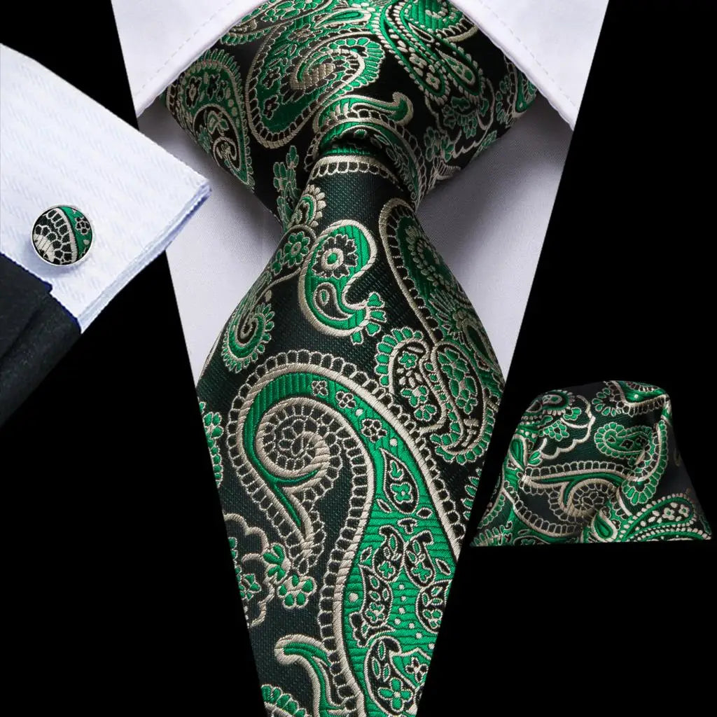 Green paisley silk tie set for men with necktie, pocket square, and cufflinks, stylish accessories by The Clothing Company Sydney.