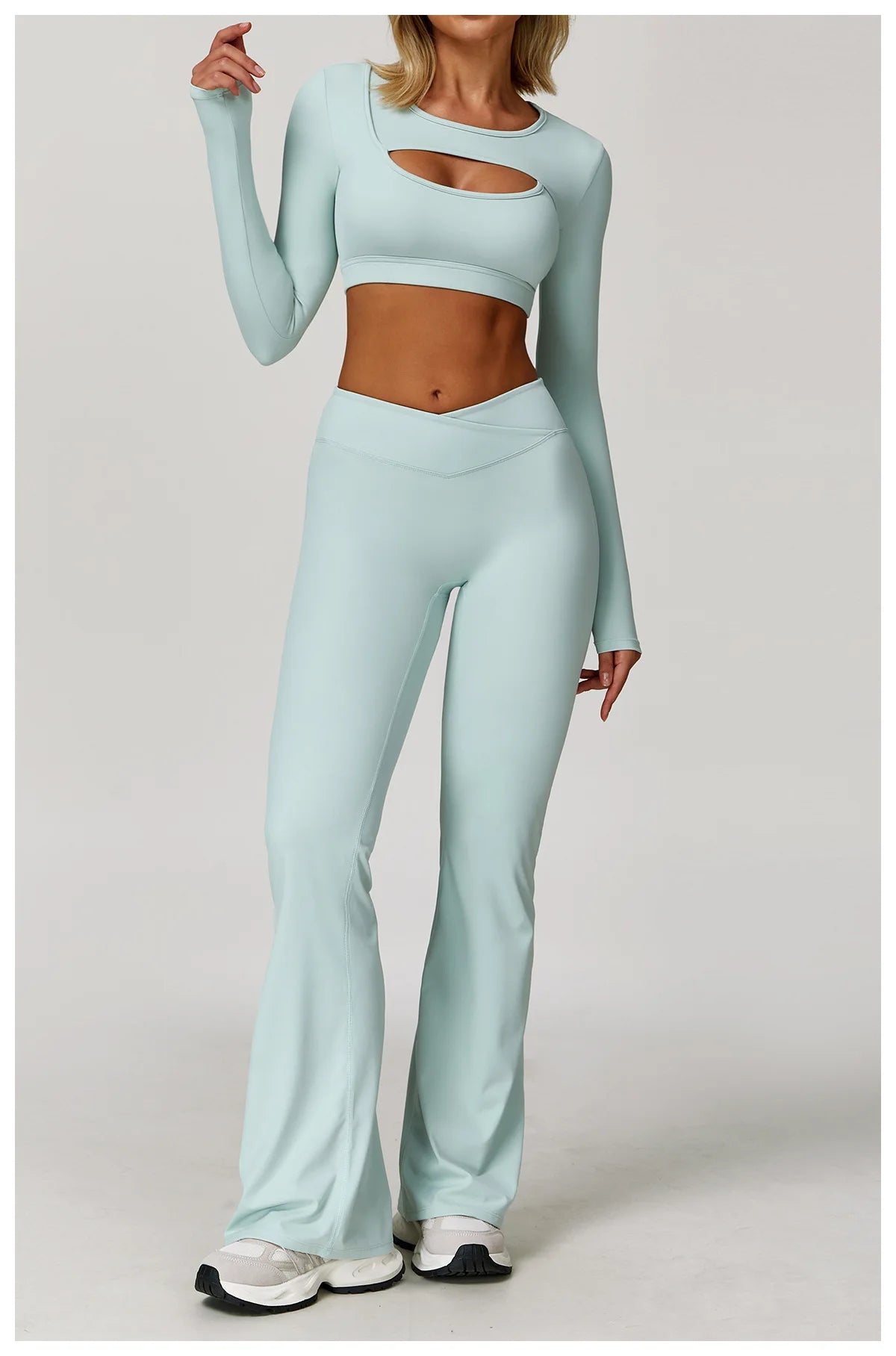 Two-piece women's fitness yoga and gym outfit with sports bra and matching leggings from The Clothing Company Sydney.